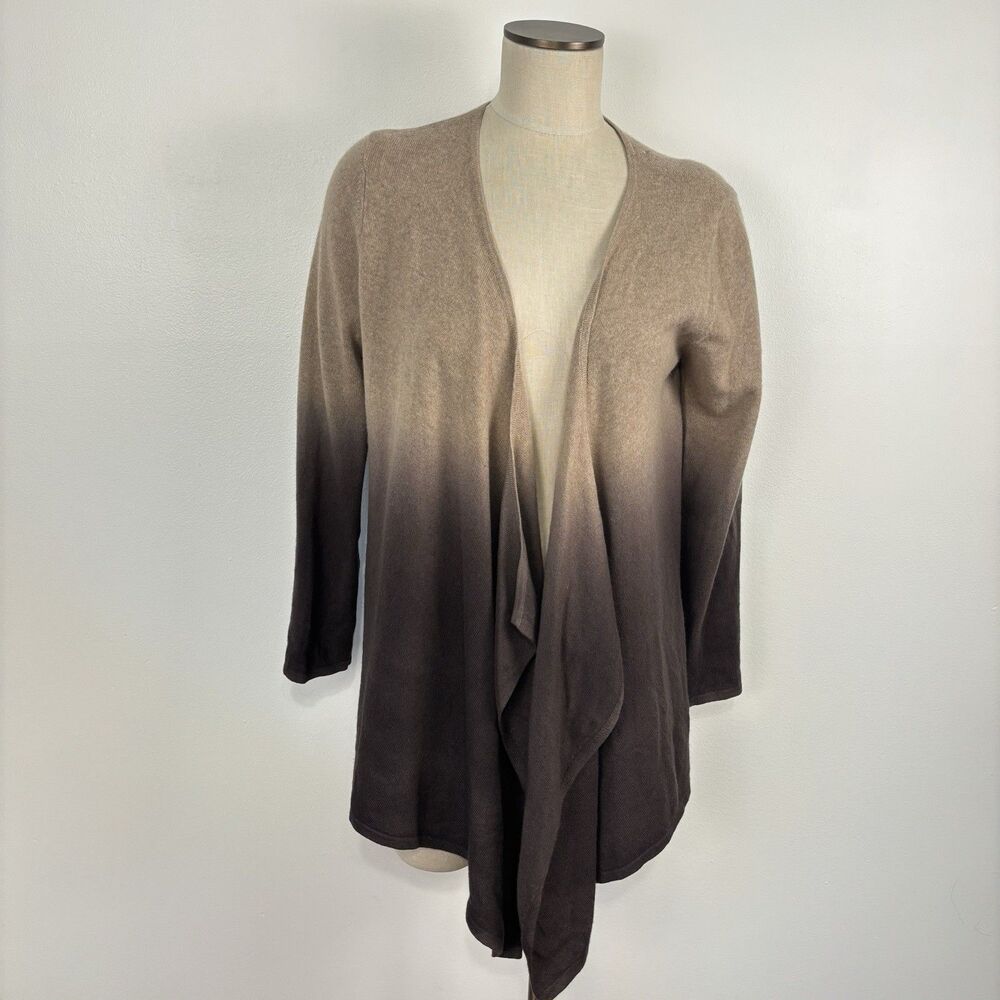 Neiman Marcus 100% Cashmere Ombre Open Front Cardigan Sweater Tan Brown L FLAWED